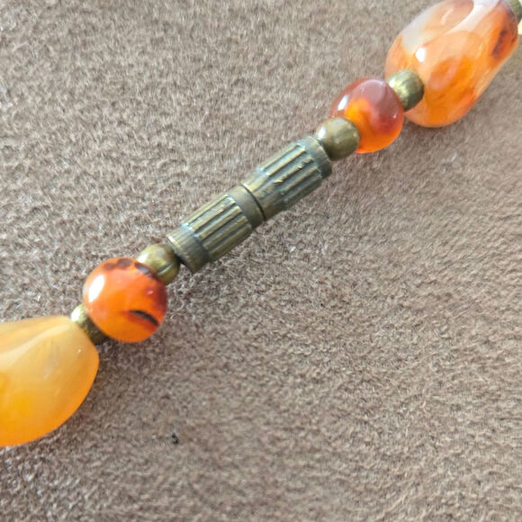 Vintage Natural Agate Beggars Beads Polished Stone Necklace Brass Spacers - Picture 5 of 8